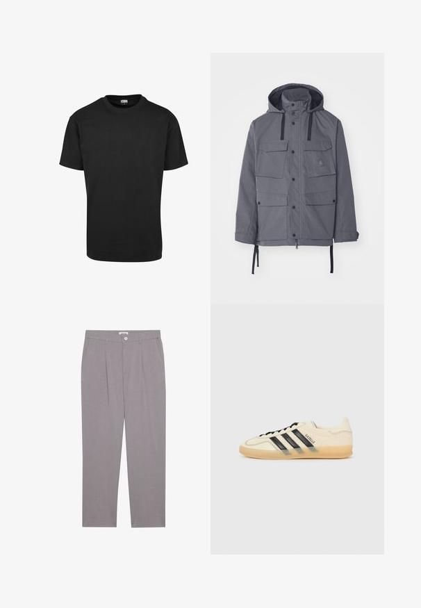 Szürke vízálló dzseki kapucnival, négy elülső zsebbel, patentgombokkal és állítható zsinórral a deréknál és az ujjaknál. Texturált anyag.; Fekete pamut póló kerek nyakkivágással, rövid ujjakkal és egyenes aljjal. Simaság jellemzi; egyszerű, díszítetlen dizájn.; Szürke, egyenes szabású, öltönyhöz illő nadrág, két elülső zsebbel, pliszékkel és gombos záródással. Könnyű anyagból készült.; Világoskrém színű sneaker fekete háromsávos dizájnnal, textúrált felsőrésszel, kerek orral és gumitalppal. Felszereltsége közé tartozik a fűzés és a logó az oldalán.
