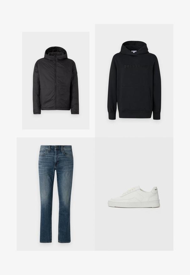 Giacca nera con cappuccio, dal tessuto trapuntato, con cerniera frontale e due tasche inferiori. Presenta una finitura liscia e un design semplice e moderno.; Felpa nera con cappuccio, tessuto morbido, design pullover, tasca frontale a marsupio, logo "QUARTZ CO" in rilievo sul petto, polsini e orlo ribattuti.; Jeans in denim blu scuro con gamba dritta. Caratteristiche includono tasche frontali, chiusura con bottone e un leggero sbiadimento vicino alle cosce.; Sneaker in pelle bianca con una finitura liscia, punta rotonda, lacci piatti e suola testurizzata. Presenta un logo discreto sul tallone.
