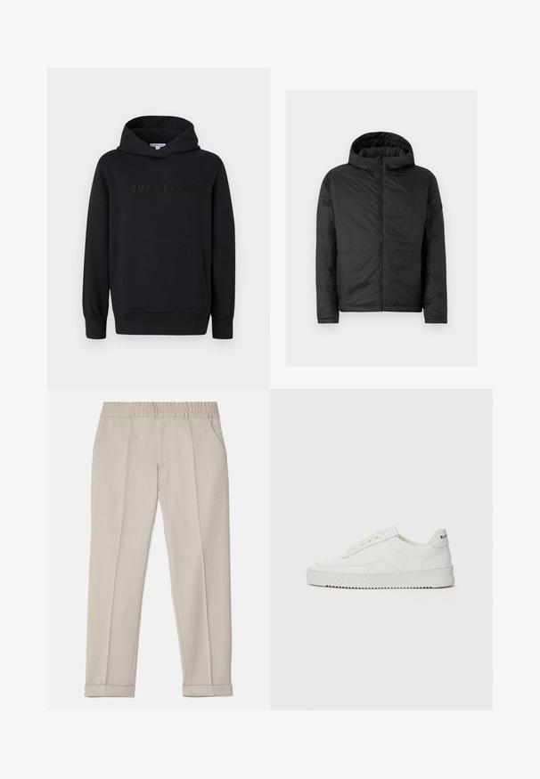 Giacca nera con cappuccio, dal tessuto trapuntato, con cerniera frontale e due tasche inferiori. Presenta una finitura liscia e un design semplice e moderno.; Felpa nera con cappuccio, tessuto morbido, design pullover, tasca frontale a marsupio, logo "QUARTZ CO" in rilievo sul petto, polsini e orlo ribattuti.; Filippa K TERRY CROPPED TROUSERS - Pantaloni - sage melange; Sneaker in pelle bianca con una finitura liscia, punta rotonda, lacci piatti e suola testurizzata. Presenta un logo discreto sul tallone.