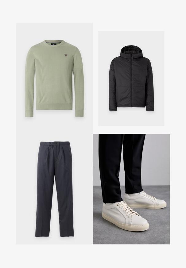 Μαύρο μπουφάν με κουκούλα και τυπωτή υφή, μπροστινό φερμουάρ και δύο κάτω τσέπες. Διαθέτει απλή, μοντέρνα σχεδίαση και λεια υφή.; Ανοιχτό πράσινο πουλόβερ φτιαγμένο από μαλακό πλεκτό ύφασμα. Διαθέτει στρογγυλή λαιμόκοψη και ραμμένα μανίκια. Μικρό κεντητό λογότυπο αλόγου στο στήθος.; Σκούρο ναυτικό παντελόνι από μαλακό ύφασμα με πτυχές στο μπροστινό μέρος και ελαστική μέση. Διαθέτει κούμπωμα με κουμπί και ίσια γραμμή.; Ανοιχτό χρώμα μπεζ δερμάτινα αθλητικά παπούτσια με επίπεδα κορδόνια, υφή στην επιφάνεια, και αντίθετη λευκή καουτσούκ σόλα, συνδυασμένα με μαύρα στενά παντελόνια.