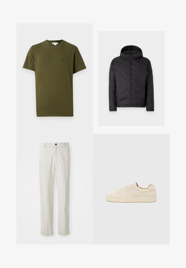 Juoda gobtuvu striukė su siuvinėta tekstūra, priekyje užtrauktukas ir dvi apatinės kišenės. Pasižymi lygiu paviršiumi ir paprastu, moderniu dizainu.; Alyvuogių žalio medvilnės marškinėliai su apvalia iškirpte ir trumpomis rankovėmis. Kairėje krūtinės pusėje yra mažas juodas emblema. Lygus tekstūra.; Bežiniai tiesūs keliai su diržo kilpomis, priekiniais mygtukais ir užtrauktuku, išdėstyti ant balto fono.; Šviesiai rudos zomšinės sportbačiai su žemu profiliu, apvaliu pirštu, plokščiomis raišteliais ir tekstūruota guma. Minimalistinis stilius be matomų logotipų.