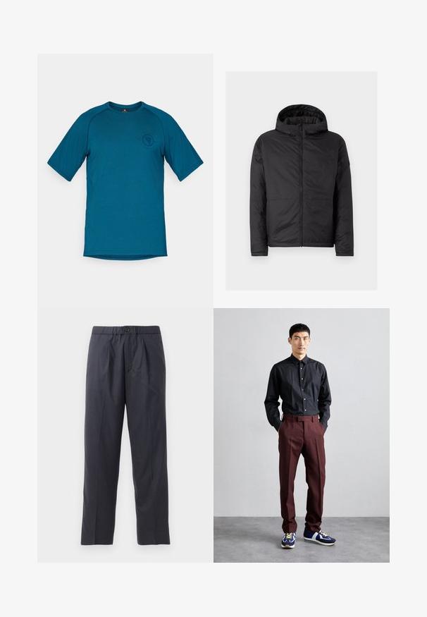 Black hooded jacket with a quilted texture, front zipper, and two lower pockets. Features a smooth finish and a simple, modern design.; Teal short-sleeve t-shirt made from smooth fabric. Features a round neckline and a logo on the left chest area. Overall simple design.; Dark navy trousers made of soft fabric with a pleated front design and elastic waistband. Features a button closure and straight-leg cut.; Black, long-sleeve button-up shirt paired with high-waisted, burgundy trousers and blue sneakers with green accents. Model stands hands in pockets.