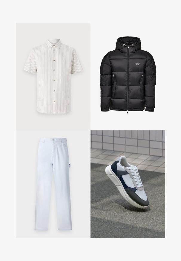 Black puffer jacket with a hood, featuring a zippered front, zippered side pockets, and quilted design. Made of shiny, smooth material.; Short-sleeve shirt in a light beige fabric with thin vertical stripes. Includes a buttoned collar and five button front closure.; Light blue striped trousers made of cotton. Straight-leg design, featuring a front button closure and side pockets. Soft texture.; White, navy, and gray sneaker with a mixed material design, featuring a textured upper, flat laces, and a cushioned sole.