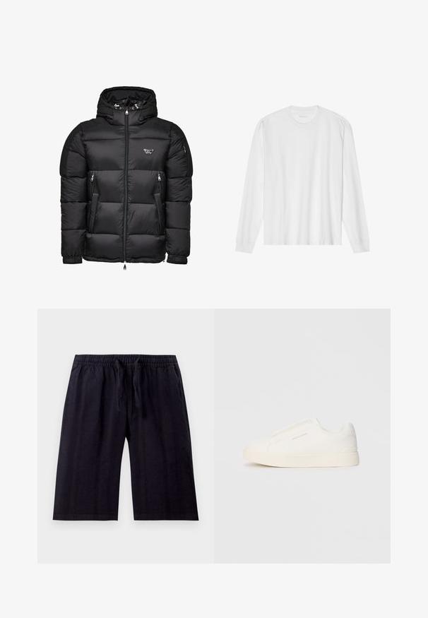 Zwarte pufferjack met capuchon, voorzien van een rits aan de voorkant, ritszakken aan de zijkant en een doorgestikt ontwerp. Gemaakt van glanzend, glad materiaal.; Wit katoenen t-shirt met lange mouwen, ronde hals en geribbelde manchetten. Eenvoudig, onopgesmukt ontwerp met een gladde textuur en een standaard pasvorm.; Zwarte, knielange shorts van lichtgewicht stof. Voorzien van een elastische tailleband met trekkoord en een gladde textuur. Eenvoudig ontwerp.; Witte instap sneakers met een gestructureerd oppervlak, een dikke zool en een minimalistisch ontwerp. Bevat het merklogo aan de zijkant.
