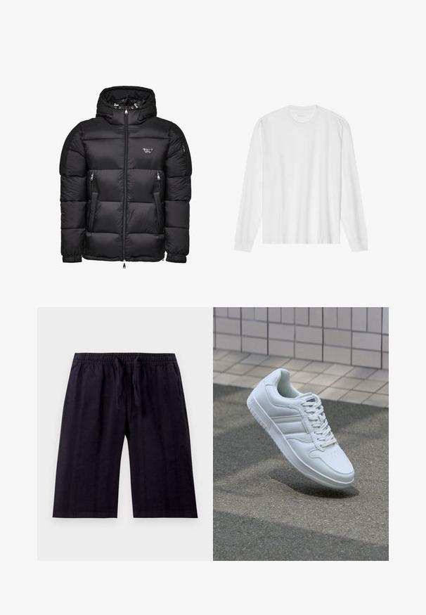Fekete steppelt kabát kapucnival, elöl cipzárral, oldalsó cipzáras zsebekkel, és steppelt mintával. Fényes, sima anyagból készült.; Hosszú ujjú fehér pamut póló, kerek nyakkivágással és bordázott mandzsettákkal. Egyszerű, díszítés nélküli dizájn, sima tapintással és normál fazonnal.; Fekete, térd hosszúságú, könnyű anyagból készült sort. Elasztikus derékpánttal és húzózsinórral rendelkezik, sima textúrájú. Egyszerű dizájn.; Fehér sportcipő sima bőr felsőrésszel, fűzős elülettel, perforált orral és mintázott talppal. Minimalista dizájn három oldalsávval.