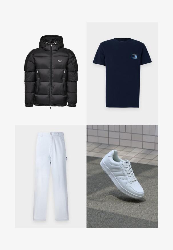 Svart pufferjakke med hette, med glidelås foran, glidelåslommer i sidene og kviltet design. Laget av glansfullt, glatt materiale.; Marineblå bomull T-skjorte med korte ermer, med et lite brystgrafikk i lyseblått og hvitt med teksten "TOMMY JEANS". Klassisk passform.; Lyseblå stripete bukser laget av bomull. Rett ben-design, med knappelukking foran og sidelommer. Myk tekstur.; Hvit atletisk sneaker med glatt skinnoverside, snøring foran, perforert tå og mønstrets såle. Minimalistisk design med tre side-striper.