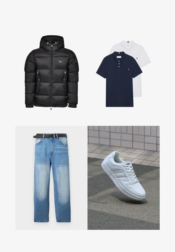 Mustmustakk musta kapuutsiga, millel on tõmblukuga eesmine osa, tõmblukuga küljetaskud ja tikandmuster. Valmistatud läikivast ja siledast materjalist.; Kaks polo särki: üks tumesinine ja üks valge, mõlemal on rinnataskul ja krael väike punase, valge ja sinise aktsent.; Heledad sinine denim püksid sirge säärega, musta vööga, pleekinud täppide ja ülemises osas peene diagonaalse tekstuuriga.; Valge spordijalanõud silederja nahkvarrega, ninast paeltega, perforatsiooni tõttu ventilatsiooniga ning mustrilise tallaga. Minimalistlik disain, millel on kolm külgmist triipu.