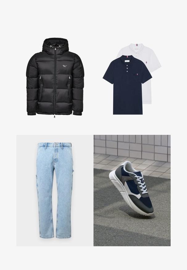 Črna puff jakna s kapuco, z zadrgo spredaj, zadrgo na stranskih žepih in prešitim dizajnom. Narejena iz sijočega, gladkega materiala.; Dve polo majice: ena mornarsko modra in ena bela, obe z majhnim rdečim, belim in modrim poudarjanjem na žepu in ovratniku.; Svetlo modri denim cargo hlače s ravnim krojem, stranskimi žepi in gumbom za zapiranje v pasu. Tkanina ima zbledel videz.; Superge z zgornjim delom iz mrežaste tkanine v mornarsko modri barvi, sivi usnjeni poudarki, belo gumijasto podplato in ravnimi belimi vezalkami, zasnovane za udobje in zračnost.