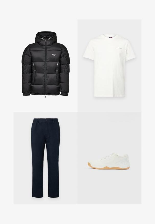 Giacca a vento nera con cappuccio, dotata di chiusura lampo frontale, tasche laterali con zip e design trapuntato. Realizzata in materiale lucido e liscio.; Maglietta bianca in cotone con maniche corte, scollatura a V e un piccolo logo ricamato sul lato sinistro del petto. Texture liscia e vestibilità regolare.; Chinos blu navy con vita elastica, chiusura con bottone anteriore e design a gamba dritta. Texture liscia senza motivi visibili.; Scarpa sportiva bassa bianca con tomaia in maglia, suola in gomma beige, lacci e logo "TYR" in rilievo sul lato del tallone.