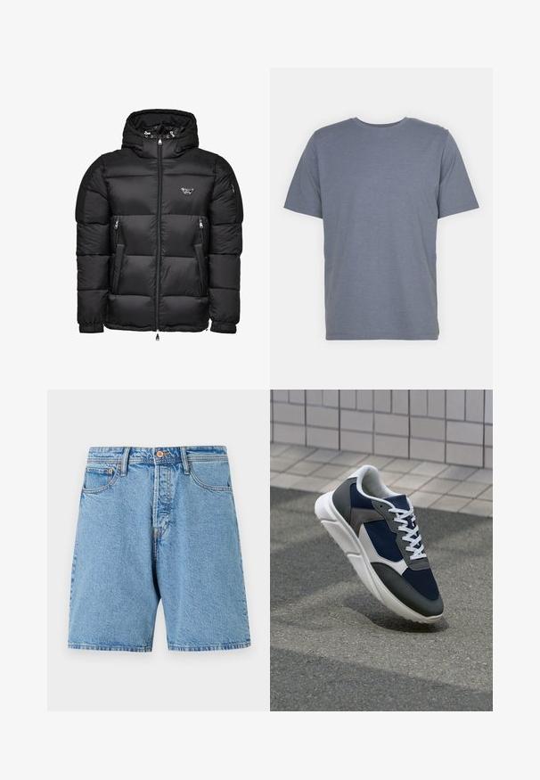 Mustat puffatakkia, jossa on huppu, vetoketjullinen etuosa, vetoketjulliset sivutaskut ja tikkikuvio. Valmistettu kiiltävästä, sileästä materiaalista.; Harmaa lyhythihainen T-paita, jossa on pyöreä kaula-aukko, valmistettu pehmeästä puuvillasekoitekankaasta. Yksinkertainen muotoilu, ilman kuvioita tai yksityiskohtia.; Vaaleansiniset farkushortsit, joissa on klassinen malli, viisi taskua ja kontrastiväritys ompeleissa. Varustettu nappikiinnityksellä ja risatulla helmalla.; Kengät, joissa on tummansininen verkkopäällinen, harmaat mokka-yksityiskohdat, valkoinen kumipohja ja litteät valkoiset nauhat, suunniteltu mukavuutta ja hengittävyyttä varten.