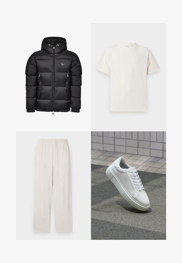 Schwarze Daunenjacke mit Kapuze, ausgestattet mit einem Reißverschluss vorne, Reißverschlusstaschen an den Seiten und einem gesteppten Design. Hergestellt aus glänzendem, glattem Material.; Weißes T-Shirt mit kurzen Ärmeln in gerippter Textur. Runder Ausschnitt, lockere Passform, keine sichtbaren Muster oder Akzente. Einfaches und vielseitiges Design.; Beige, gerippte weite Hosen mit einem elastischen Bund. Sie verfügen über vertikale Streifen und einen weichen, strukturierten Stoff.; Weiße Leder-Sneaker mit glatter Oberfläche, runder Zehenpartie und flachen weißen Schnürsenkeln. Verfügt über eine strukturierte Gummisohle und minimalistische Designelemente.