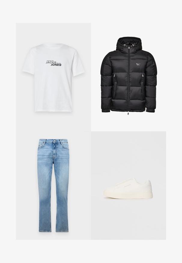 Chaqueta acolchada negra con capucha, que cuenta con un frontal con cremallera, bolsillos laterales con cremallera y un diseño acolchado. Fabricada con un material brillante y suave.; Camiseta de algodón blanca con cuello redondo. Presenta texto impreso en negro, "CORE NINE ZERO JACK & JONES EST. 1990," en la parte frontal. Mangas cortas.; Tommy Jeans DAD REGULAR - Vaqueros boyfriend - denim light; Zapatillas blancas tipo slip-on con una superficie texturizada, suela gruesa y diseño minimalista. Presenta el logo de la marca en un lado.
