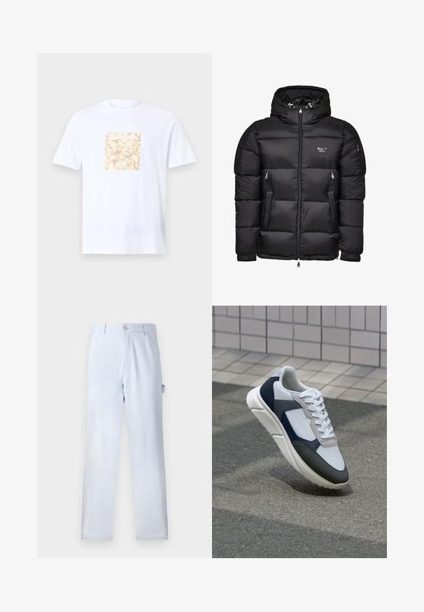 Geacă puffer neagră cu glugă, cu fermoar în față, buzunare laterale cu fermoar și design matlasat. Fabricată dintr-un material lucios și neted.; Tricou alb din bumbac, cu un grafic pătrat bej cu un model texturat în centru. Mâneci scurte și decolteu rotund.; Pantaloni de bumbac raiati de culoare bleu deschis. Design cu picioare drepte, dotati cu un închidere frontală cu nasture și buzunare laterale. Textură moale.; Tenisi albi, bleumarin și gri, cu un design din materiale mixte, având un superior texturat, șireturi plate și o talpă căptușită.