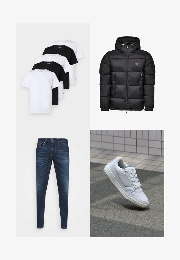 Černá prošívaná bunda s kapucí, s předním zipem, bočními kapsami na zip a prošívaným designem. Vyrobena z lesklého, hladkého materiálu.; Pět triček s krátkým rukávem vystavených: dvě bílá, tři černá. Každé je z bavlny, má kulatý výstřih a klasický střih.; Tmavě modré džíny z denimu s úzkým střihem, jemným vyblednutím, pěti kapsami a kovovým zapínáním na knoflík. Šité akcenty v kontrastní barvě.; Bílé kožené tenisky s perforovanými stranami, texturovanými detaily, plochými tkaničkami a kontrastní šedou patou. Mají mírně zvýšenou podrážku.