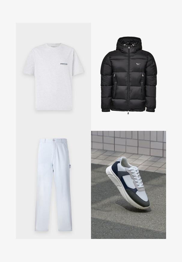 Sort pufferjakke med hætte, der har en lynlåslukning foran, lynlåslommer i siden og quiltet design. Lavet af skinnende, glat materiale.; Grå t-shirt med korte ærmer, der har et lille blåt "project core" logo på venstre side af brystet, præsenteret på en ensfarvet baggrund.; Lysblå stribede bukser lavet af bomuld. Lige ben design med knaplukning foran og sidelommer. Blød tekstur.; Hvide, marineblå og grå sneakers med et design i blandede materialer, der har en tekstureret overdel, flade snørebånd og en polstret sål.