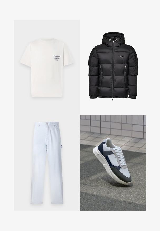 Mustmustakk musta kapuutsiga, millel on tõmblukuga eesmine osa, tõmblukuga küljetaskud ja tikandmuster. Valmistatud läikivast ja siledast materjalist.; Valge puuvillane T-särk lühikeste varrukatega, millel on vasakul rinnal väike tumesinine trükitud logo. Klassikaline ümmargune kaelus.; Heled sinised triibulised püksid, mis on valmistatud puuvillast. Sirge jala disain, esine nupuvajutusega kinniti ja küljetaskud. Pehme tekstuur.; Valge, mereväe sinine ja hall spordijalats, millel on segatud materjalide disain, tekstureeritud ülemine osa, lame pael ja pehme talla.