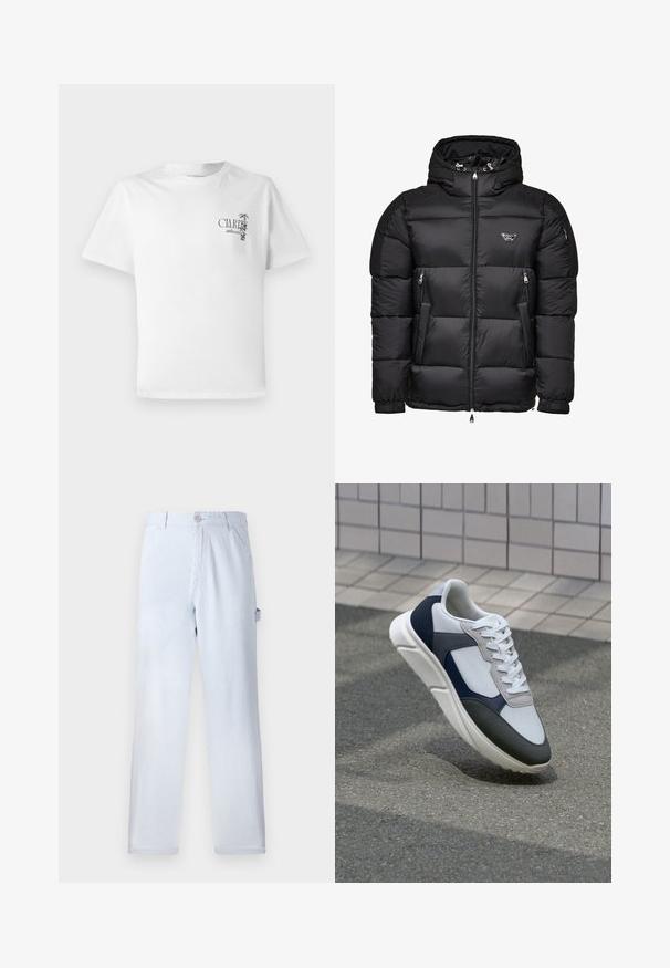 Mustat puffatakkia, jossa on huppu, vetoketjullinen etuosa, vetoketjulliset sivutaskut ja tikkikuvio. Valmistettu kiiltävästä, sileästä materiaalista.; Valkoinen puuvillainen t-paita lyhyillä hihoilla, jossa on painettu grafiikka vasemmassa rintakohdassa. Suunnittelussa on tekstiä ja palmun lehtiä.; Vaaleansinisiä raidallisia housuja, jotka on valmistettu puuvillasta. Suora lahjemuotoilu, jossa on etunappi ja sivutaskut. Pehmeä pinta.; Valkoinen, laivastonsininen ja harmaa tennari sekamateriaalimuotoilulla, jossa on teksturoitu päällinen, litteät nauhat ja pehmustettu pohja.