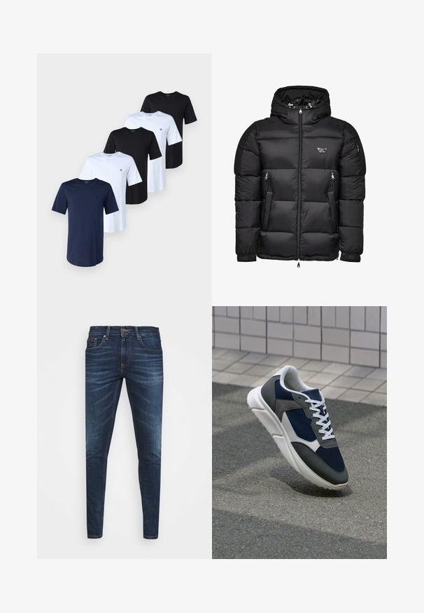 Schwarze Daunenjacke mit Kapuze, ausgestattet mit einem Reißverschluss vorne, Reißverschlusstaschen an den Seiten und einem gesteppten Design. Hergestellt aus glänzendem, glattem Material.; Fünf T-Shirts aus Baumwolle in Marineblau, Schwarz und Weiß. Jedes hat einen Rundhalsausschnitt und kurze Ärmel. Ein kleines Logo erscheint auf der linken Brust jedes Shirts.; Dunkelblaue Jeans im Slim Fit mit subtiler Verwaschung, fünf Taschen und einem Metallknopfverschluss. Genähte Akzente in kontrastierender Farbe.; Sneaker mit einem Obermaterial aus navyblauem Mesh, grauen Wildlederelementen, einer weißen Gummisohle und flachen weißen Schnürsenkeln, entworfen für Komfort und Atmungsaktivität.