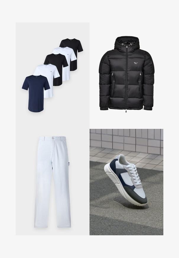 Chaqueta acolchada negra con capucha, que cuenta con un frontal con cremallera, bolsillos laterales con cremallera y un diseño acolchado. Fabricada con un material brillante y suave.; Cinco camisetas de algodón en navy, negro y blanco. Cada una tiene un cuello redondo y mangas cortas. Un pequeño logo aparece en el lado izquierdo del pecho de cada una.; Pantalones rayados de color azul claro hechos de algodón. Diseño de pierna recta, con cierre de botón en la parte delantera y bolsillos laterales. Textura suave.; Zapatilla blanca, azul marino y gris con un diseño de materiales mixtos, que presenta una parte superior texturizada, cordones planos y una suela acolchada.