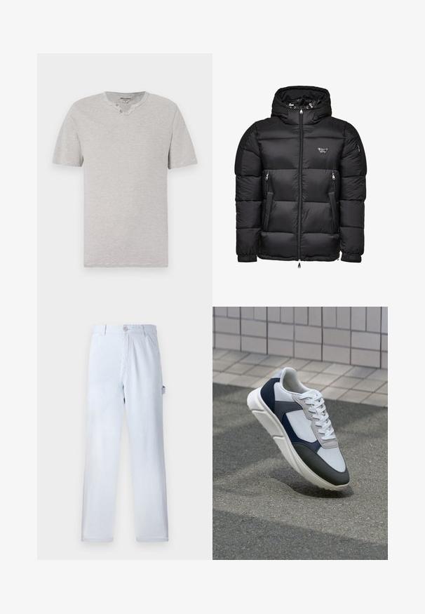 Black puffer jacket with a hood, featuring a zippered front, zippered side pockets, and quilted design. Made of shiny, smooth material.; Short-sleeve, grey and white striped t-shirt with a round collar and two-button detail at the neckline. Soft fabric with a casual fit.; Light blue striped trousers made of cotton. Straight-leg design, featuring a front button closure and side pockets. Soft texture.; White, navy, and gray sneaker with a mixed material design, featuring a textured upper, flat laces, and a cushioned sole.