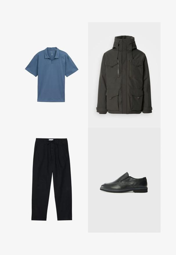 Fekete szigetelt dzseki magas gallérral, állítható kapucnival, több elülső zsebbel és cipzáras záródással. Tartós, sima anyag matt felülettel.; Rövid ujjú pólóing egyszínű kék színben, V-nyakkivágással és puha, textúrált anyagból. Hétköznapi dizájn, laza szabással.; Pier One Vászonnadrágok - black; Fekete bőr, slip-on cipő sima felsőrésszel, varrott díszítéssel, lekerekített orral és alacsony gumitalppal. A talpa minimális bordázattal rendelkezik.