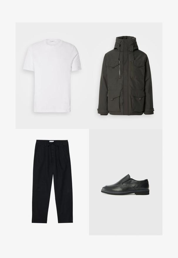 Black insulated jacket with a high collar, adjustable hood, multiple front pockets, and zippered closures. Durable, smooth fabric with a matte finish.; White cotton t-shirt with a crew neckline and short sleeves. Features a subtle brand logo on the front, smooth texture, and classic fit.; Pier One Chinos - black; Black leather slip-on shoe with a smooth upper, stitched accents, rounded toe, and a low rubber heel. Sole features minimal tread.