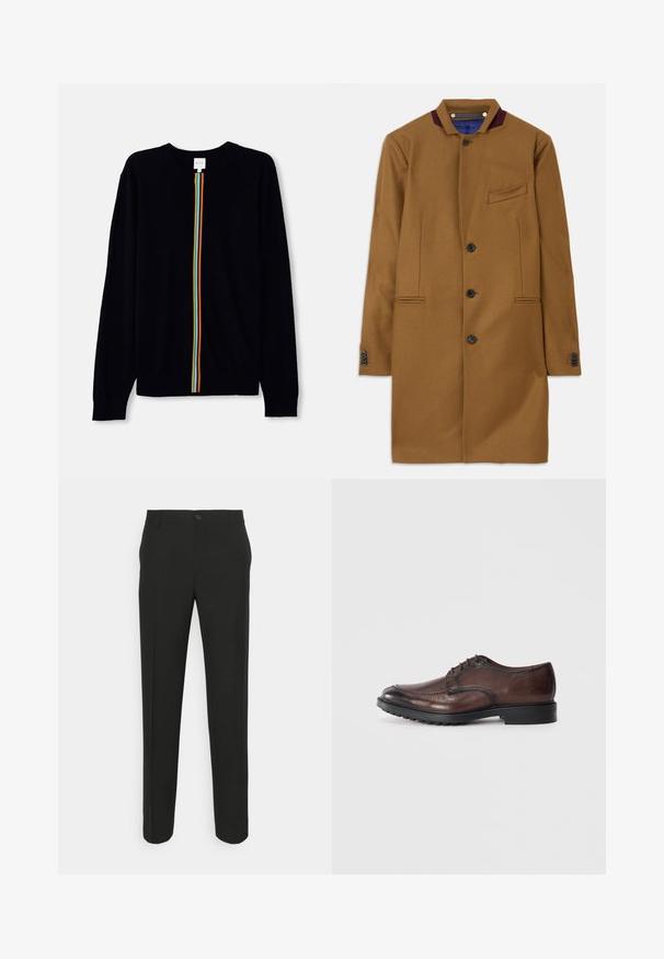 Rudas vilnonis švarkas tiesiu kirpimu, su dviem priekiniais kišenėmis, penkiais juodais mygtukais ir tamsiai raudonu apykaklės akcentu. Yra tekstūruotas audinys.; Juodas megztinis su ilgomis rankovėmis, su centrine vertikaliąja juosta vaivorykštės spalvų. Minkšta megztinė medžiaga su raukšlėtomis rankogaliais.; Juodos pritaikytos kelnes su tiesiu kirpimu, turinčios vieną mygtuką užsegimui ir diržų kilpas. Lygi, matinė medžiaga, be raštų.; Rudos odinės suknelės batai su apvaliu nosiu, raištelių dizainu, tekstūruota apdaila ir guminis padas su nežymiu kulnu.