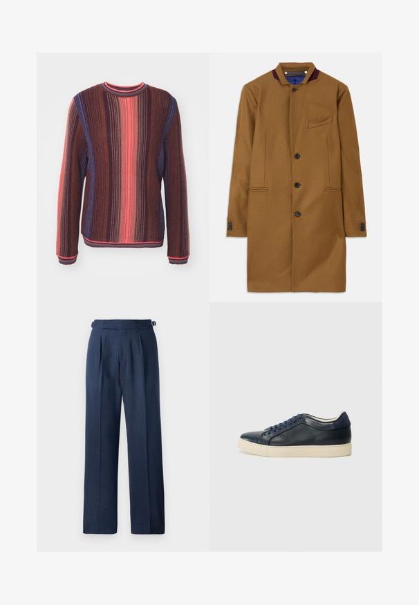 Brązowy wełniany płaszcz o prostym kroju, z dwiema przednimi kieszeniami, pięcioma czarnymi guzikami i burgundowym akcentem kołnierza. Posiada fakturowaną tkaninę.; Paul Smith - Sweter; Niebieskie, dopasowane spodnie z żakardu, o wysokim stanie, z kantami i regulowanymi paskami po bokach dla lepszego dopasowania.; Granatowe skórzane trampki z kremową gumową podeszwą, wyposażone w niebieskie sznurówki i gładką teksturę. Okrągły czubek i minimalistyczny design.