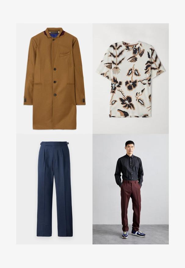 Manteau en laine marron à coupe droite, deux poches avant, cinq boutons noirs et un col bordeaux en accent. Il présente un tissu texturé.; T-shirt à manches courtes en tissu doux, avec un fond crème orné de motifs floraux abstraits en noir, marron et bleu clair.; Pantalons ajustés bleu marine, confectionnés en tissu texturé, dotés d'une taille haute, de plis et de sangles latérales réglables pour un ajustement parfait.; Chemise noire à manches longues et boutonnée associée à un pantalon bordeaux taille haute et des baskets bleues avec des accents verts. Le mannequin se tient avec les mains dans les poches.