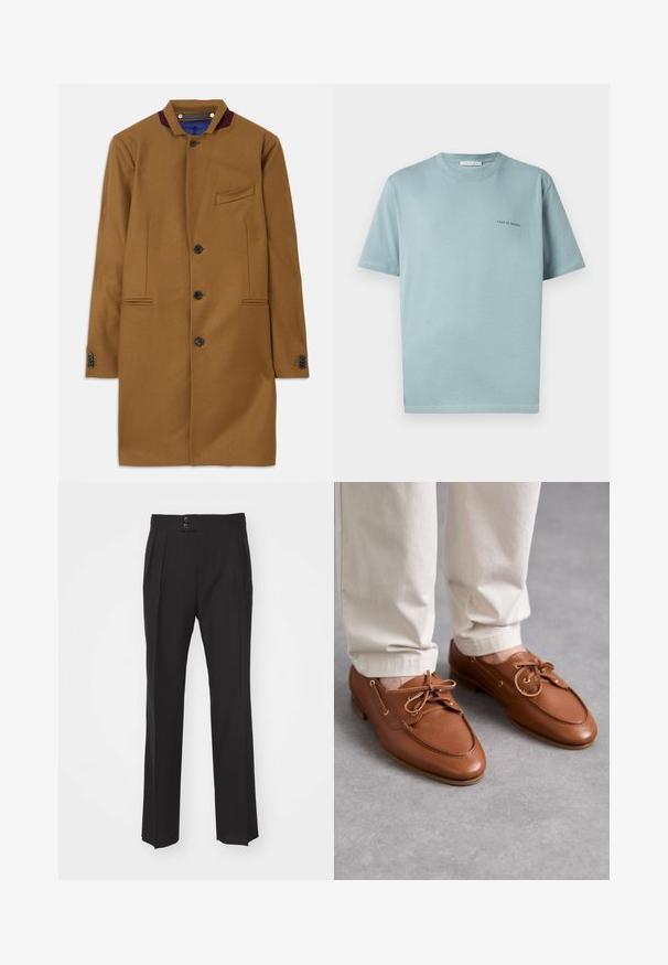 Brauner Wollmantel mit geradem Schnitt, zwei Fronttaschen, fünf schwarzen Knöpfen und einem burgunderfarbenen Kragenakzent. Verfügt über einen strukturierten Stoff.; Himmelblaues Baumwoll-T-Shirt mit Rundhalsausschnitt, kurzen Ärmeln und kleinem "TIGER OF SWEDEN"-Logo auf der linken Brust. Glatte Textur.; Schwarze maßgeschneiderte Hose mit geradem Bein, zwei Fronttaschen und einer doppelten Knopfverschluss an der Taille. Glatte Stoffoberfläche.; Bally PATHY - Schnürer - deserto