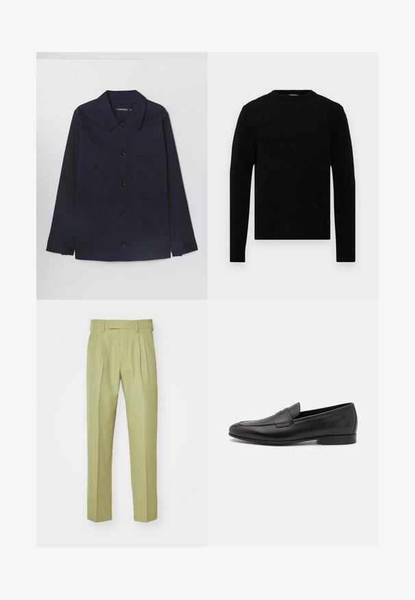Giacca in cotone blu navy con colletto aperto, chiusura frontale a bottoni e due tasche applicate sul davanti. Presenta maniche lunghe con polsini abbottonati.; Filippa K SWEATER - Maglione - black; Pantaloni verde chiaro, realizzati in tessuto morbido, con vita alta, doppie pieghe e gambe dritte con rifinitura sartoriale.; Mocassino da uomo in pelle nera con tacco basso e design classico a striscia, mostrato in profilo laterale su sfondo bianco.