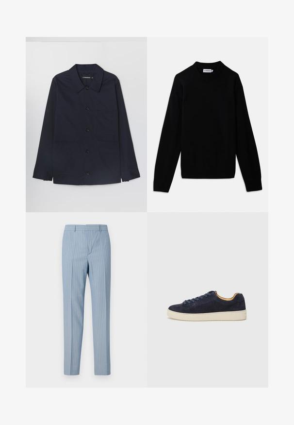 Marineblauer Baumwolljacke mit einem Kentkragen, frontaler Knopfleiste und zwei aufgesetzten Taschen vorne. Sie verfügt über lange Ärmel mit geknöpften Manschetten.; Schwarzer Pullover mit einem gerippten Rundhalsausschnitt, langen Ärmeln und einem strukturierten Strickmuster. Keine sichtbaren Logos oder Verzierungen.; Hellblaue gestreifte Hosen mit schmalem Schnitt, die vertikale Nadelstreifen in Weiß aufweisen. Hergestellt aus einem glatten Stoff mit maßgeschneidertem Design.; Marineblaues Wildleder-Low-Top-Sneaker mit runder Zehenpartie, off-white Gummisohle und passenden Schnürsenkeln; hat ein kontrastierendes, tannfarbiges Innenfutter.
