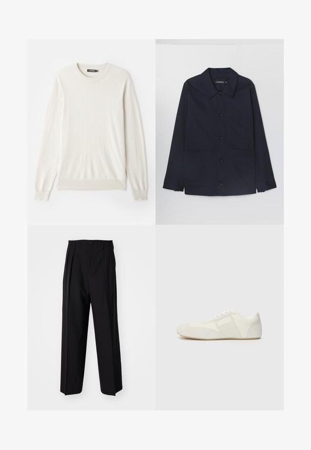 Marinblå bomullsjacka med spridd krage, framknäppning med knappar och två framsydda fickor. Har långa ärmar med knäppning vid cuffs.; Ljust beige långärmad tröja gjord av mjukt, slätt tyg. Har en ribbad rund halsringning och manuellt fållade kanter för en klassisk passform.; Svarta plisserade byxor med en rak, bred bendesign. Tillverkade av ett slätt tyg, med knäppning fram och bälteshällor.; Vit sportskor med en strömlinjeformad design, med en tån av mocka, läderpaneler och kontrasterande strukturerade detaljer. Platt gummisula.