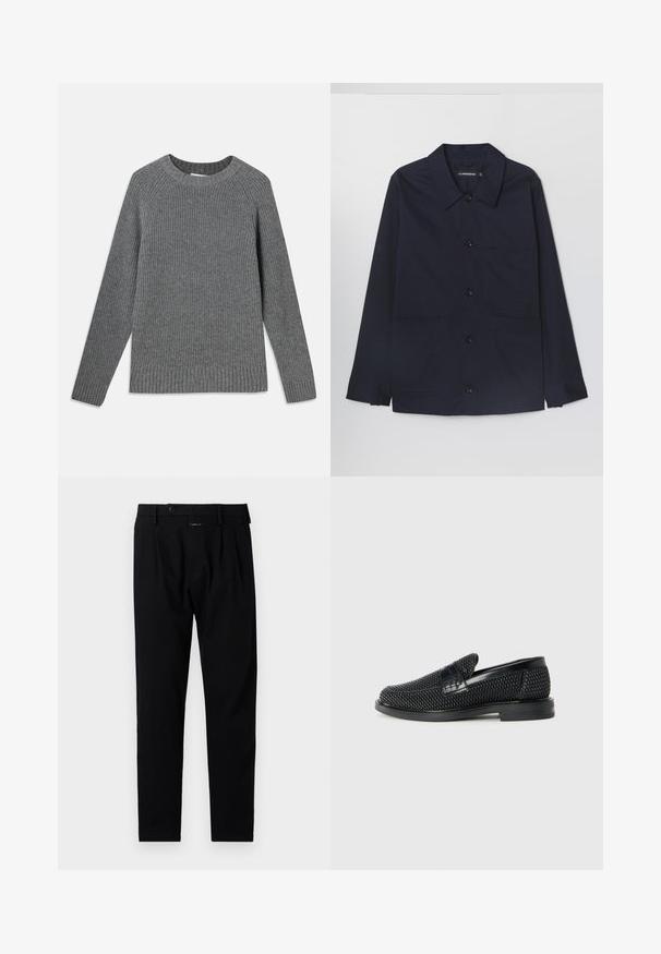 Marinblå bomullsjacka med spridd krage, framknäppning med knappar och två framsydda fickor. Har långa ärmar med knäppning vid cuffs.; Grå räfflad tröja med långa ärmar, rund halsringning och texturerad tyg. Har ribbade fållar vid ärmsluten och nederkanten.; Svarta byxor med skräddarsydd passform, med slät front, enkla veck och knappstängning. Tillverkade av ett smidigt tyg, lämpliga för formellt bruk.; Svart vävd slip-on sko med en slät läderdetalj på ovansidan, med rund tådesign och en låg gummisula.