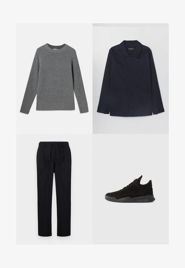 Giacca in cotone blu navy con colletto aperto, chiusura frontale a bottoni e due tasche applicate sul davanti. Presenta maniche lunghe con polsini abbottonati.; Maglione grigio a coste con maniche lunghe, scollatura rotonda e tessuto texturizzato. Presenta orli a coste ai polsini e alla base.; Pantaloni neri in tessuto liscio, con vita regolabile, gambe dritte e pieghe frontali per un aspetto strutturato.; Sneaker in suede nera con profilo basso, tomaia testurizzata, lacci piatti e suola in gomma solida con un leggero tacco e design curvato.