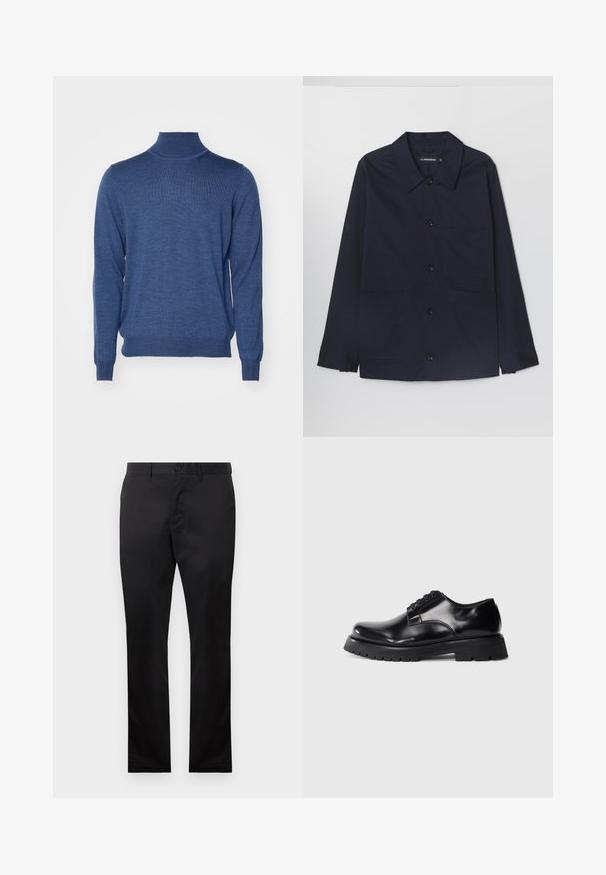 Laivaston värinen puuvillatakki, jossa on leveä kaulus, etunapitus ja kaksi etupatch-taskua. Ominaisuuksiin kuuluu pitkät hihat, joissa on napilla varustetut hihansuut.; Sininen turtleneck-neulepaita, joka on valmistettu neulotusta kankaasta. Pitkät hihat, joustavat hihansuut ja helmaviimeistely. Kevyt rakenne, jossa on sileä pinta.; Mustat puuvillahousut suoran lahkeen muotoilulla, jossa on etunapit, sivutaskut, sileä pinta ja ei näkyviä kuvioita.; Musta nahkainen nauhaliukkujalka, jossa on kiiltävä pinta, paksu musta kumipohja ja voimakas kuvioinnin muotoilu. Klassinen muotoilu, jossa on ompelutietoja.