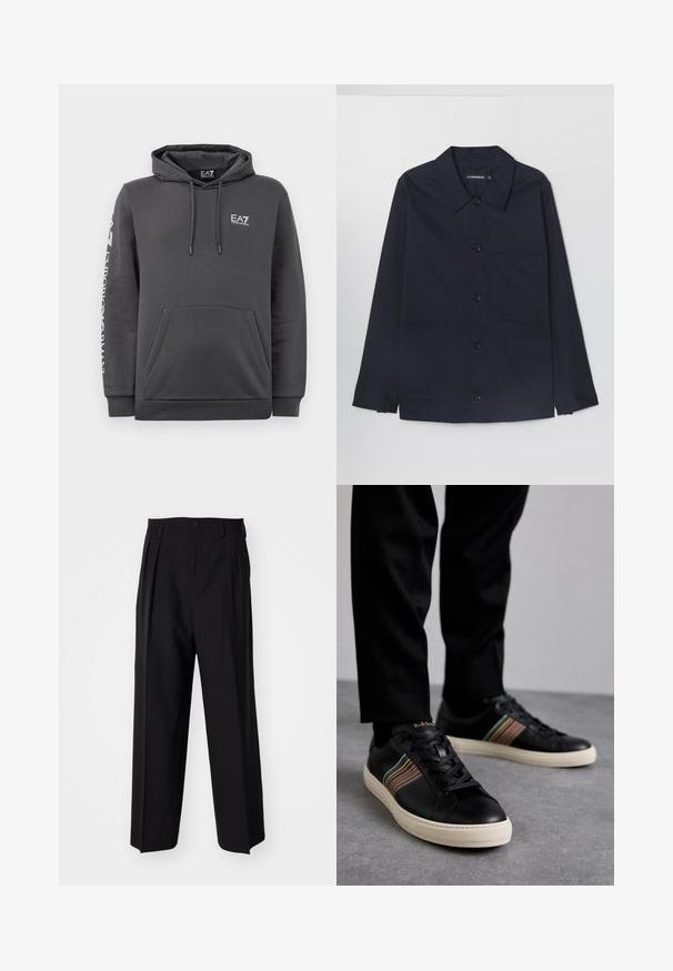 Giacca in cotone blu navy con colletto aperto, chiusura frontale a bottoni e due tasche applicate sul davanti. Presenta maniche lunghe con polsini abbottonati.; Felpa con cappuccio grigia scura con tasca frontale, lacci e logo bianco "EA7 Emporio Armani" sul petto e sulla manica sinistra.; Pantaloni neri a pieghe con un design dritto e gamba larga. Realizzati in tessuto morbido, con chiusura a bottone e passanti per cintura.; Sneaker in pelle nera con accenti a strisce multicolori, punta rotonda e suole in gomma bianca, dotate di chiusura con lacci e marchio in rilievo.