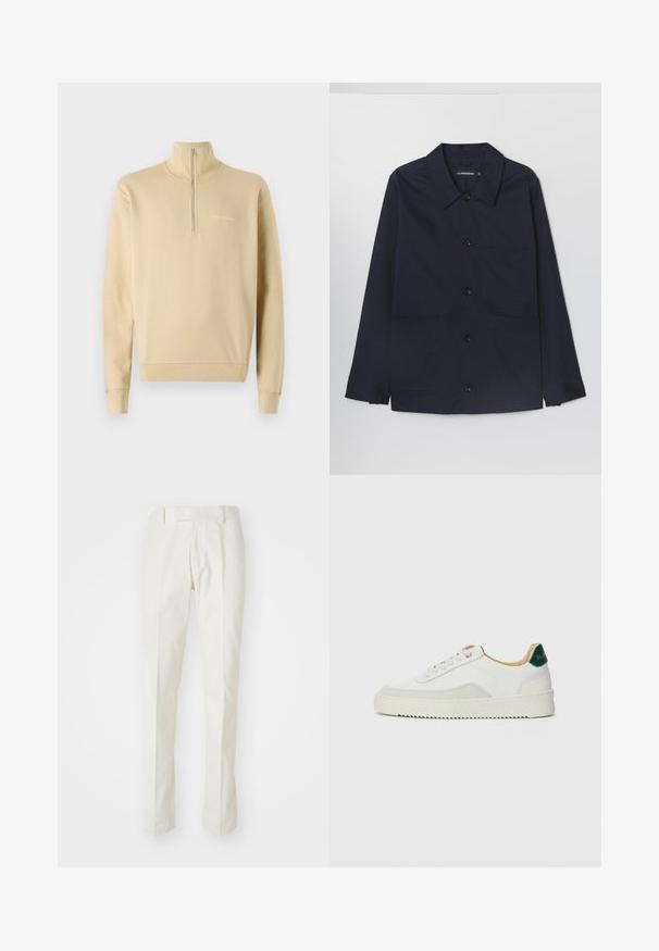 Giacca in cotone blu navy con colletto aperto, chiusura frontale a bottoni e due tasche applicate sul davanti. Presenta maniche lunghe con polsini abbottonati.; Tiger of Sweden MARLON - Felpa - practical beige; Pantaloni bianchi in cotone, con un design a gamba dritta, fronte piatto e senza motivi o hardware visibili. Texture liscia.; Sneaker bianco con accenti in camoscio, punta rotonda, lacci piatti e suola in gomma crema. Presenta un marchio verde sul tallone.