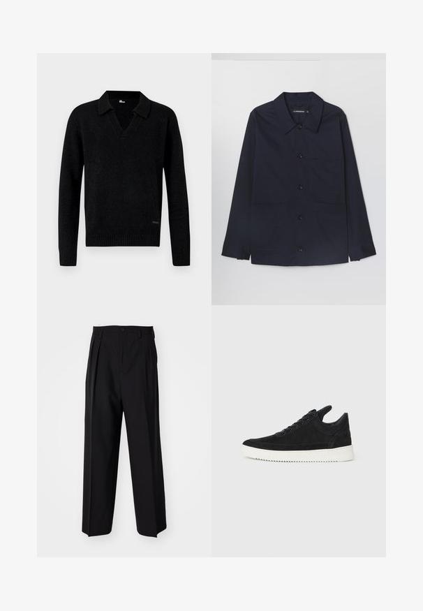 Marinblå bomullsjacka med spridd krage, framknäppning med knappar och två framsydda fickor. Har långa ärmar med knäppning vid cuffs.; Svart långärmad stickad tröja med V-ringning och ribbade muddar och fåll, visad mot en neutral bakgrund.; Svarta plisserade byxor med en rak, bred bendesign. Tillverkade av ett slätt tyg, med knäppning fram och bälteshällor.; Svart mockaskor med en vit gummisula, som har ton-i-ton-sömmar och snörningsdesign. Slät textur med en modern, strömlinjeformad form.