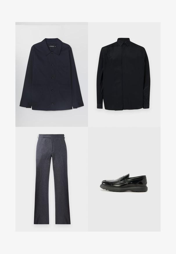 Laivaston värinen puuvillatakki, jossa on leveä kaulus, etunapitus ja kaksi etupatch-taskua. Ominaisuuksiin kuuluu pitkät hihat, joissa on napilla varustetut hihansuut.; Musta pitkähihaine paita, joka on valmistettu sileästä kankaasta. Siinä on klassinen kaulus, nappilista ja rento istuvuus, jossa on kynsikkäät hihat.; Harmaat räätälöidyt housut, jotka ovat valmistettu teksturoidusta kankaasta, sisältävät suoran leikkuun, huomaamattoman taitteen ja sivuhalkiot vyön kiinnittämistä varten.; Mustat nahkakengät, joissa on kiiltävä pinta, pyöreä kärki, huomaamaton ompelu ja paksu kumipohja kestävyyttä varten.