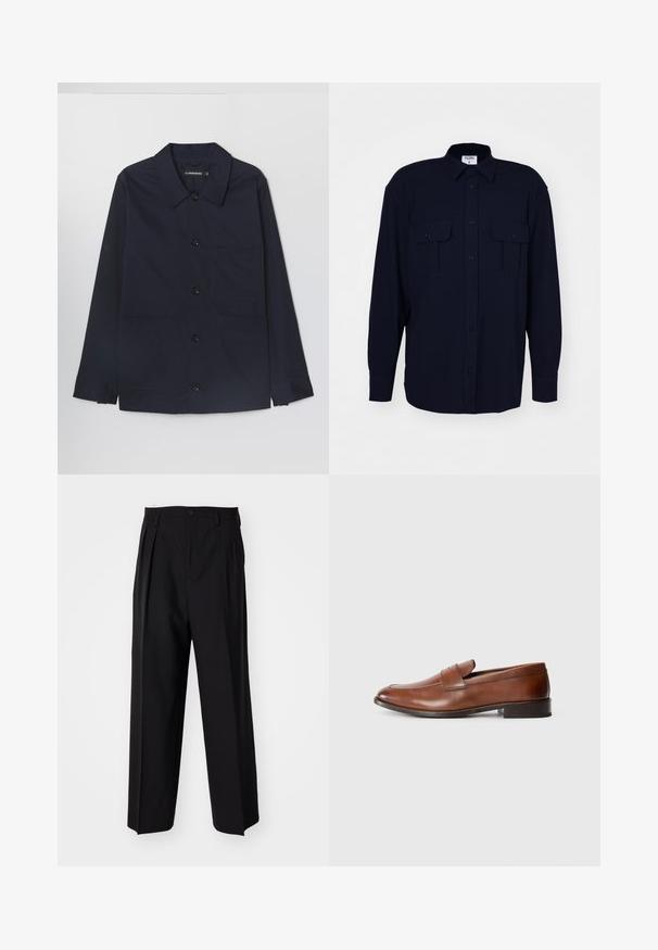 Marineblauer Baumwolljacke mit einem Kentkragen, frontaler Knopfleiste und zwei aufgesetzten Taschen vorne. Sie verfügt über lange Ärmel mit geknöpften Manschetten.; Filippa K RELAXED PATCH POCKET SHIRT - Hemd - navy; Schwarze, plissierte Hose mit geradem, weitem Bein. Hergestellt aus glattem Stoff, mit Knopfverschluss und Gürtelschlaufen.; Braune Lederloafers mit gerundeter Zehenform, minimaler Naht und niedrigem Blockabsatz. Verfügt über einen dekorativen Riemen über dem Spann.