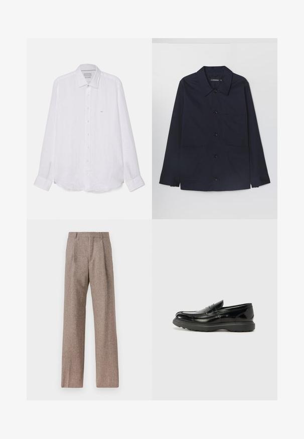Marineblauwe katoenen jas met een spreidkraag, voor sluiting met knopen en twee voorste klepzakken. Voorzien van lange mouwen met knoopmanchetten.; Witte langemouwen shirt van linnen. Heeft een puntige kraag, een volledige knopenrij aan de voorkant en een klein geborduurd logo op de linkerborst.; Bruine, hooggewaisted broeken van een gestructureerde stof. Heeft wijde benen en twee voorplooien voor extra structuur. Net afgewerkt zonder zichtbare hardware.; Zwarte leren instapper met een glanzende afwerking, een ronde neus, subtiele stiksels en een dikke rubberen zool voor duurzaamheid.