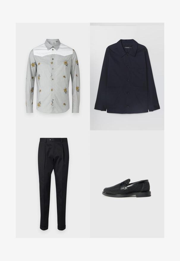 Marineblauer Baumwolljacke mit einem Kentkragen, frontaler Knopfleiste und zwei aufgesetzten Taschen vorne. Sie verfügt über lange Ärmel mit geknöpften Manschetten.; Langarmhemd in Hellgrau mit weißer Passe, featuring gelben Blumenstickereien und silbernen Knöpfen. Weicher Stoff mit glatter Textur.; Schwarze Hosen aus einem glatten Stoff, mit einem Faltenwurf vorne, einem Knopfverschluss und umgeschlagenen Säumen am Knöchel.; Schwarzer geflochtener Slipper mit einem glatten Lederakzent im Obermaterial, einem runden Zehendesign und einer flachen Gummisohle.