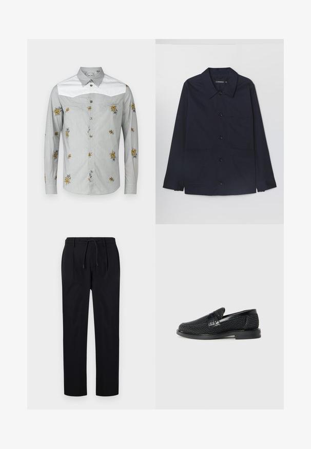 Giacca in cotone blu navy con colletto aperto, chiusura frontale a bottoni e due tasche applicate sul davanti. Presenta maniche lunghe con polsini abbottonati.; Camicia a maniche lunghe di colore grigio chiaro con yoke bianco, caratterizzata da ricami floreali gialli e bottoni argentati. Tessuto morbido con una texture liscia.; Pantaloni neri in tessuto liscio, con vita regolabile, gambe dritte e pieghe frontali per un aspetto strutturato.; Scarpa nera a mocassino intrecciata con un accentuato in pelle liscia sulla parte superiore, design a punta rotonda e suola in gomma a profilo basso.