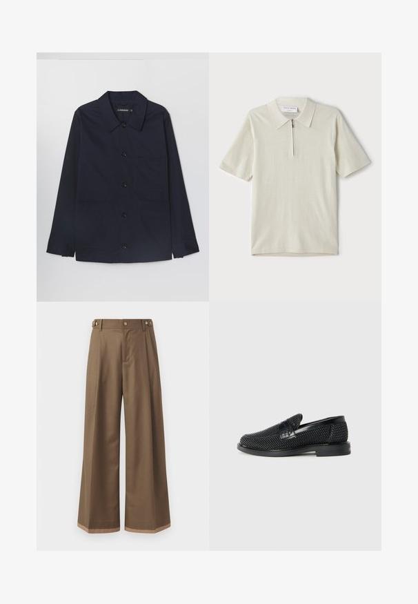 Giacca in cotone blu navy con colletto aperto, chiusura frontale a bottoni e due tasche applicate sul davanti. Presenta maniche lunghe con polsini abbottonati.; Polo a maniche corte in beige chiaro con colletto zip. Realizzato in tessuto morbido, presenta un design semplice e moderno, privo di motivi.; Pantaloni a gamba larga in un tessuto marrone scuro, con due tasche laterali, due bottoni decorativi frontali e un dettaglio a contrasto all'orlo.; Scarpa nera a mocassino intrecciata con un accentuato in pelle liscia sulla parte superiore, design a punta rotonda e suola in gomma a profilo basso.