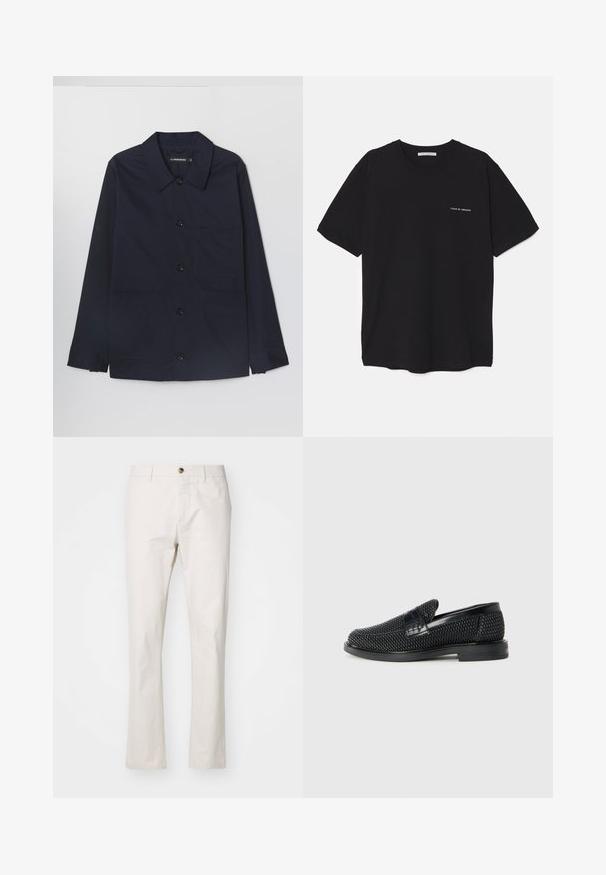 Marineblauwe katoenen jas met een spreidkraag, voor sluiting met knopen en twee voorste klepzakken. Voorzien van lange mouwen met knoopmanchetten.; Zwarte katoenen T-shirt met een ronde hals, korte mouwen en een witte logo-print op de linkerkant van de borst. Eenvoudig, effen kleur ontwerp.; Beige katoenmengsel broeken met een rechte snit, voorzien van een sluiting met een voorknoop, riemlussen en een minimalistisch ontwerp. Soepele textuur.; Zwartegeweven instap schoenen met een glad leren accent aan de bovenkant, een ronde neusontwerp en een laag profiel rubberen zool.