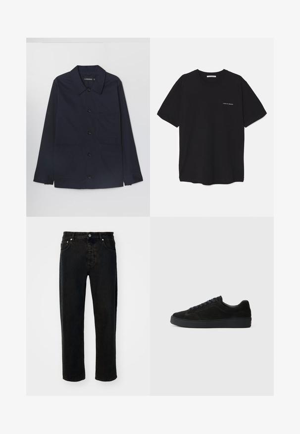 Giacca in cotone blu navy con colletto aperto, chiusura frontale a bottoni e due tasche applicate sul davanti. Presenta maniche lunghe con polsini abbottonati.; T-shirt in cotone nero con collo rotondo, maniche corte e stampa bianca del logo sul lato sinistro del petto. Design semplice e monocromatico.; Jeans in denim nero con gamba dritta, design a cinque tasche, bottone metallico e cuciture a contrasto. Tessuto texturizzato con leggera scoloritura.; Sneaker in suede nera con suola piatta e testurizzata, punta arrotondata, sei occhielli per lacci e design minimalista.