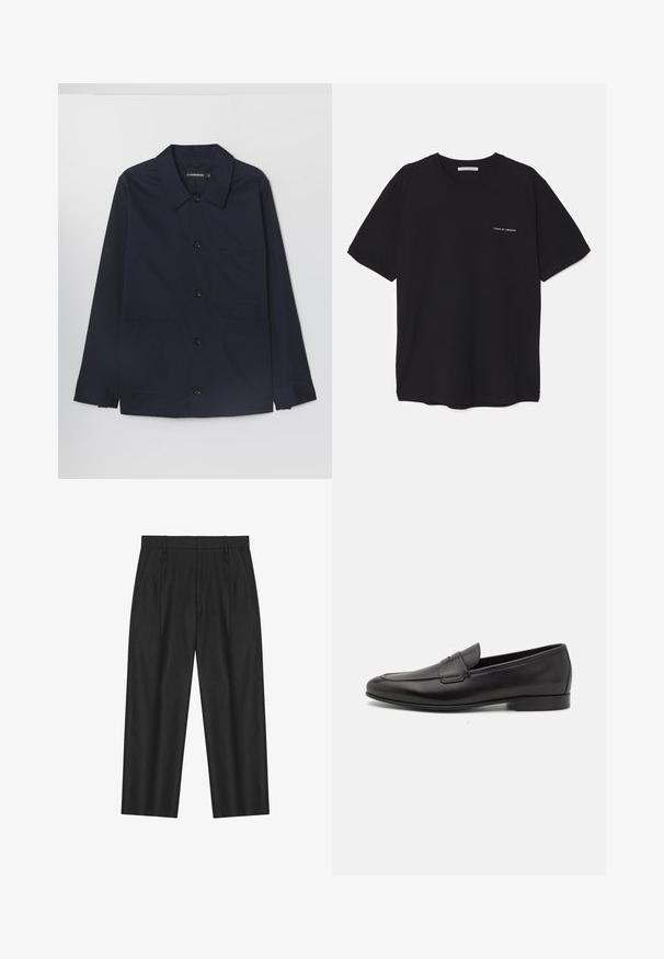 Laivaston värinen puuvillatakki, jossa on leveä kaulus, etunapitus ja kaksi etupatch-taskua. Ominaisuuksiin kuuluu pitkät hihat, joissa on napilla varustetut hihansuut.; Musta puuvillapaita, jossa on pyöreä kaula-aukko, lyhyet hihat ja valkoinen logopainatus vasemmassa rinnassa. Yksinkertainen, tasavärinen design.; Musta suorat housut vyölenkeillä, sivutaskuilla ja kevyesti pleated-etuosalla.; Musta nahkainen miesten loaferi, jossa on matala korko ja klassinen penny-nauha, esitelty sivuprofiilissa valkoista taustaa vasten.