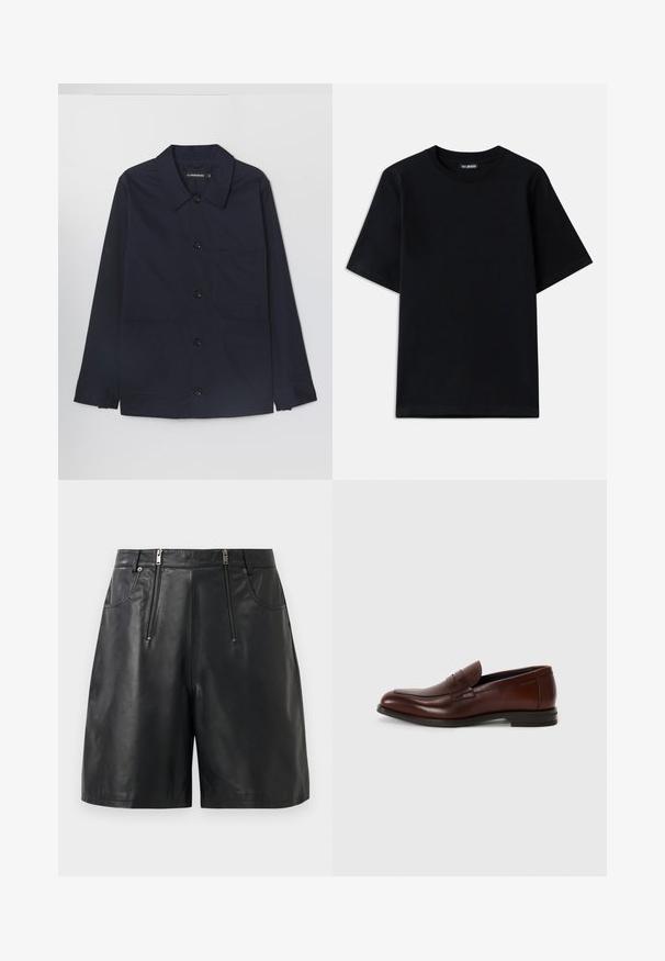 Marineblauwe katoenen jas met een spreidkraag, voor sluiting met knopen en twee voorste klepzakken. Voorzien van lange mouwen met knoopmanchetten.; Zwart katoenen T-shirt met een ronde hals en korte mouwen. Bevat subtiele logo borduursels op de linkerborst. Vlakke, gladde textuur.; Zwarte neplederen shorts met twee verticale ritssluitingen aan de voorkant en riemlussen, tegen een witte achtergrond weergegeven.; Bruine leren instappers met een ronde neus, een detail met een bandje aan de voorkant en een lage gestapelde hak. Glad textuur met minimale decoratieve accenten.