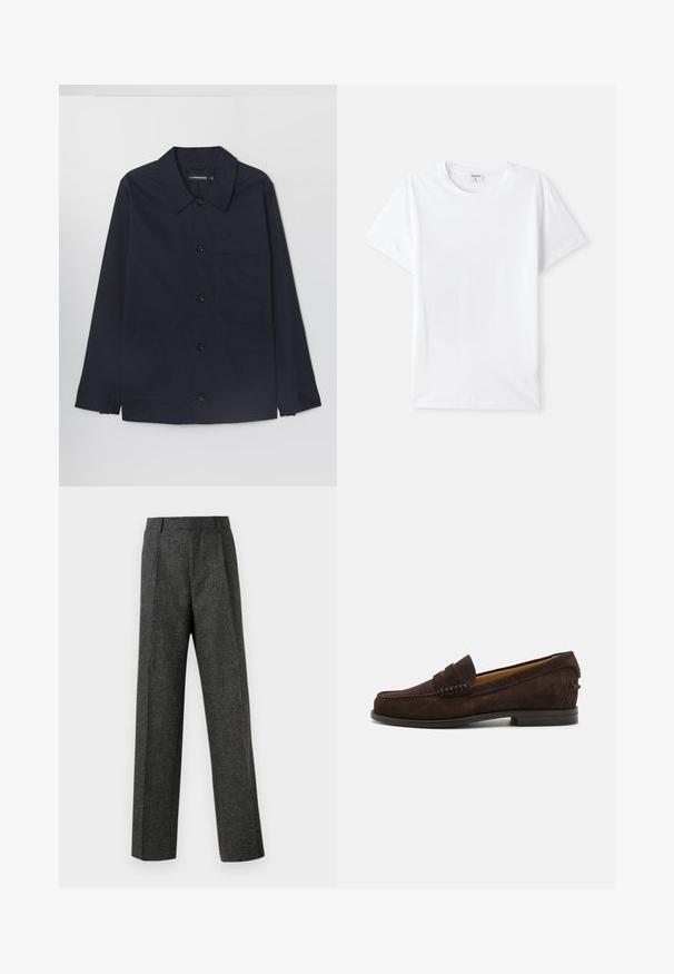 Marineblauwe katoenen jas met een spreidkraag, voor sluiting met knopen en twee voorste klepzakken. Voorzien van lange mouwen met knoopmanchetten.; Witte katoenen t-shirt, ronde halslijn, korte mouwen, gladde structuur, geen patronen of accenten, eenvoudig ontwerp, standaard pasvorm.; Grijze op maat gemaakte broek van gestructureerde stof, met twee voorplooien en een rechte pijp. Geen zichtbare zakken of versieringen.; Bruine suede instapschoenen met een ronde neus, gestikte details op de bovenkant en een lage gestapelde hak voor een klassieke uitstraling.